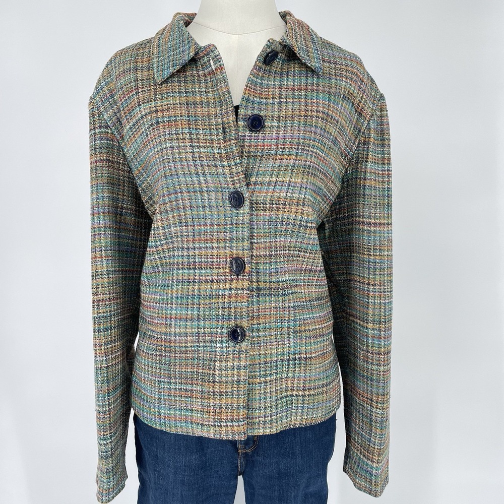 Vintage Willow Ridge Women's 18 Tweed Blazer 100% Silk 4 Button Front Blue Green